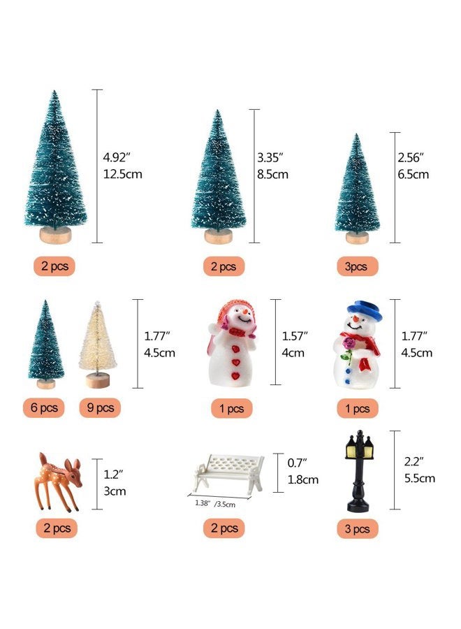 KUUQA Mini Assorted Pine Trees Bottle Brush Trees with Snowmen, Reindeer, Mini Garden Wooden Bench, Street Lamps Miniature Ornaments for Christmas Village Decoration Ornaments Winter Decor(Set of 31) - Image 2
