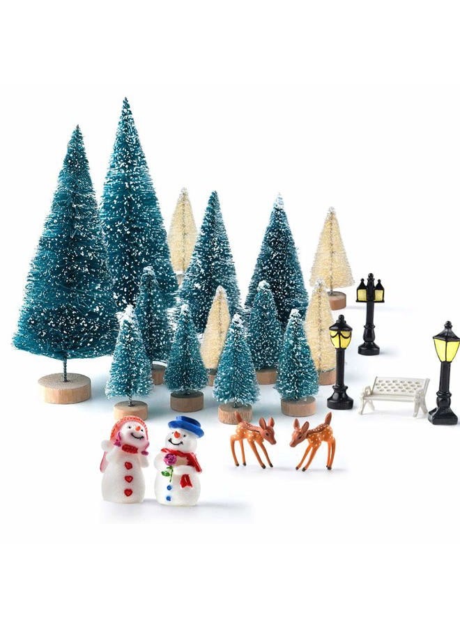 KUUQA Mini Assorted Pine Trees Bottle Brush Trees with Snowmen, Reindeer, Mini Garden Wooden Bench, Street Lamps Miniature Ornaments for Christmas Village Decoration Ornaments Winter Decor(Set of 31) - Image 1