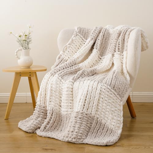 Battilo Beige Cream Chunky Knit Throw Blanket, Soft and Thick Chenille Throw Blanket, 50"x60" Handmade Cable Knit Crochet Blanket, Handmade Knot Throw Blankets for Couch Home Decor, Beige & White - Image 5