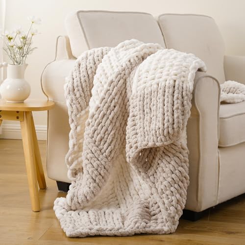 Battilo Beige Cream Chunky Knit Throw Blanket, Soft and Thick Chenille Throw Blanket, 50"x60" Handmade Cable Knit Crochet Blanket, Handmade Knot Throw Blankets for Couch Home Decor, Beige & White - Image 3