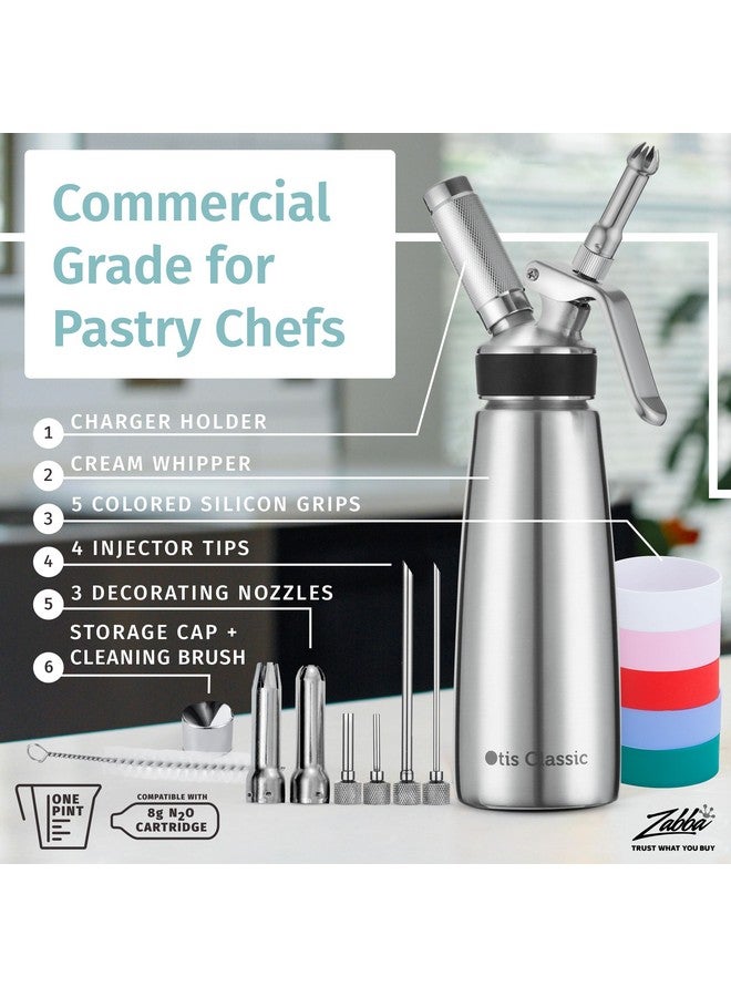 Otis Classic 304 Stainless Steel Whipped Cream Dispenser, 500ml w/ 3 Decorating Nozzles 4 Injector Tips and 6 Colored Grips - Commercial Grade Quality Made of Food Grade Stainless Steel for Home Chef - Image 3