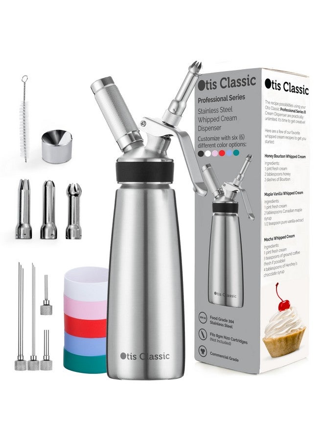 Otis Classic 304 Stainless Steel Whipped Cream Dispenser, 500ml w/ 3 Decorating Nozzles 4 Injector Tips and 6 Colored Grips - Commercial Grade Quality Made of Food Grade Stainless Steel for Home Chef - Image 1