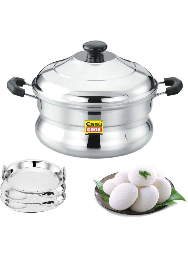 Easy Cook - Stainless Steel Idli Steamer Belly Pot 6 Pits | 2 Idly Plates | 1 Idiyappam Steamer Plate | Silver - Image 1