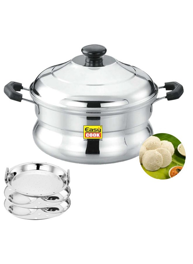 Easy Cook - Stainless Steel Idli Steamer Belly Pot 6 Pits | 2 Idly Plates | 1 Idiyappam Steamer Plate | Silver - Image 1