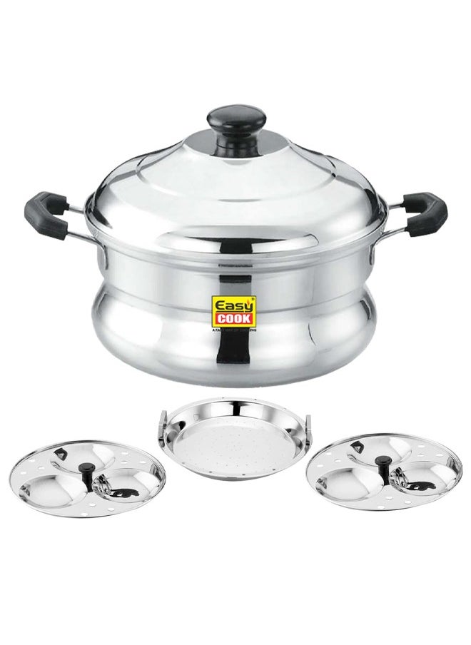 Easy Cook - Stainless Steel Idli Steamer Belly Pot 6 Pits | 2 Idly Plates | 1 Idiyappam Steamer Plate | Silver - Image 1