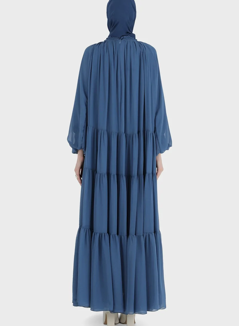Refka by modanisa Balloon Sleeve Mesh Tiered Dress