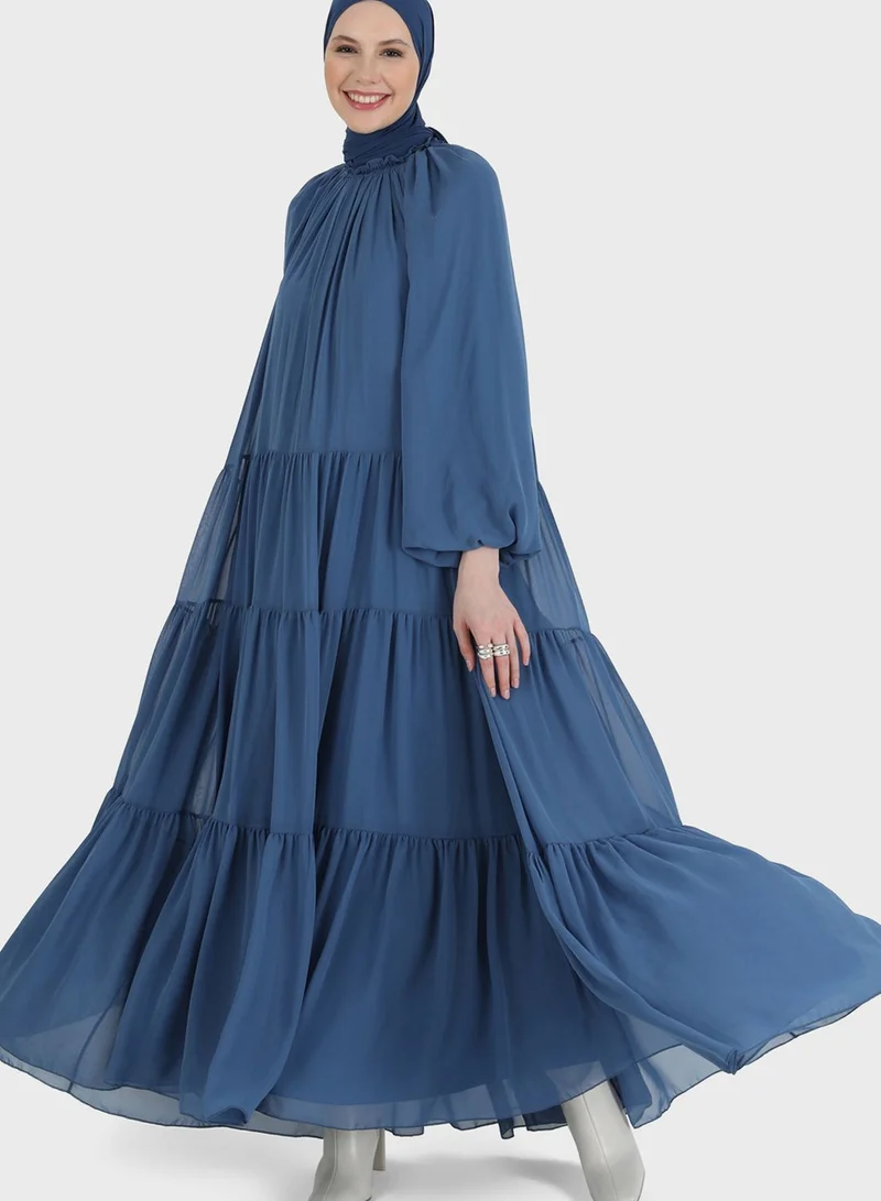 Refka by modanisa Balloon Sleeve Mesh Tiered Dress
