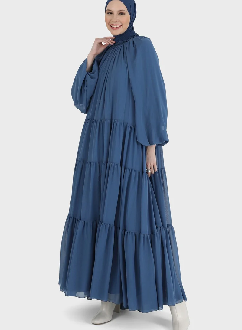Refka by modanisa Balloon Sleeve Mesh Tiered Dress
