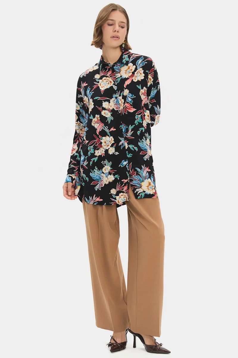 JUNE Women's Exclusive Wide Cut Leaf Patterned Cotton Shirt
