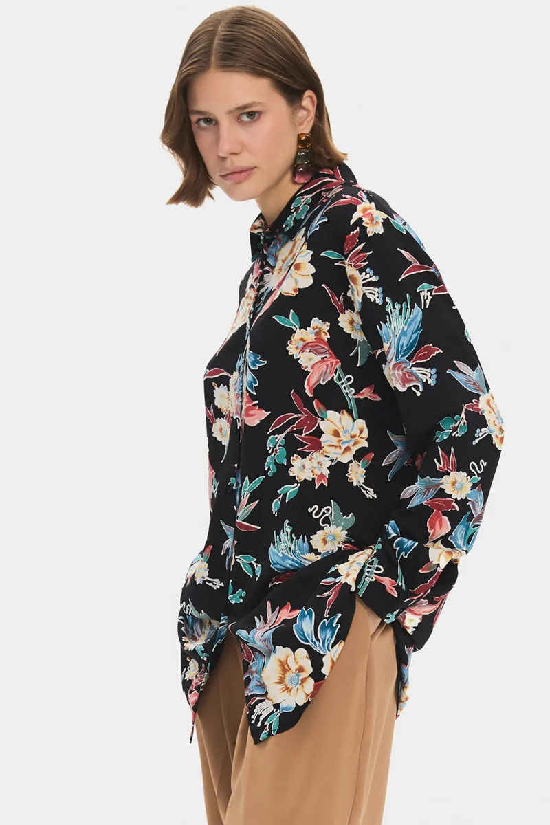 JUNE Women's Exclusive Wide Cut Leaf Patterned Cotton Shirt