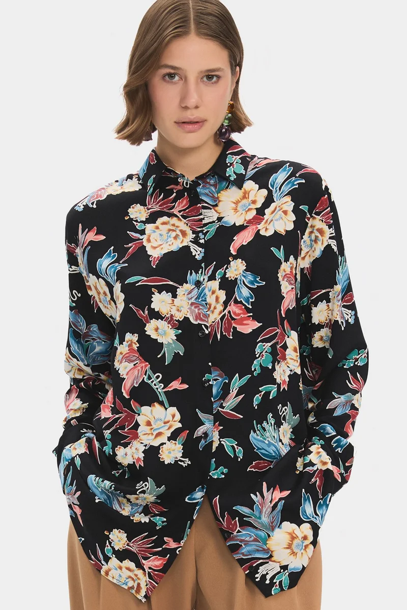 JUNE Women's Exclusive Wide Cut Leaf Patterned Cotton Shirt