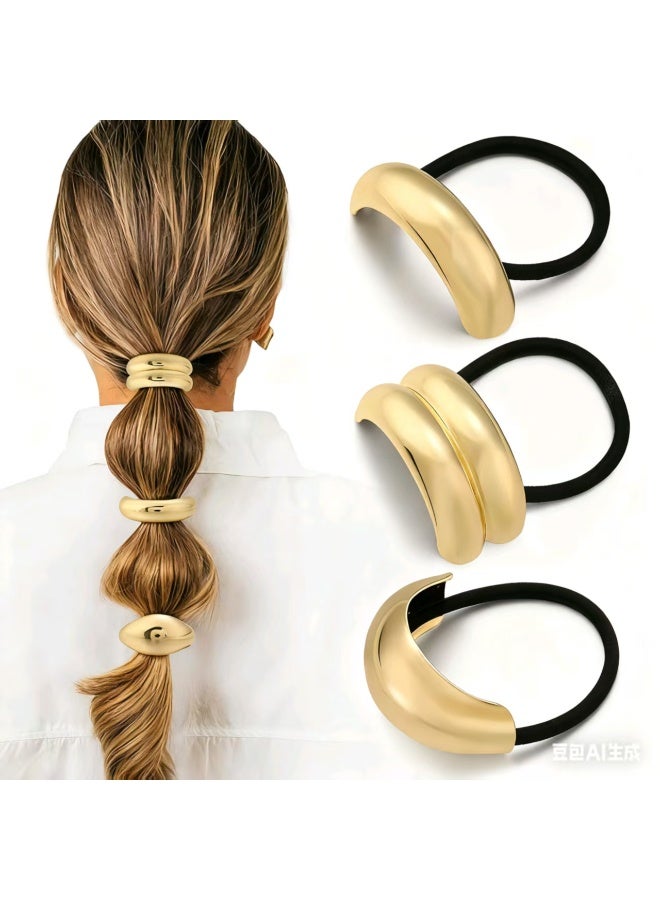 3 قطع من ربطات الشعر الذهبية، ربطات شعر معدنية للشعر الكثيف، تصميم هندسي أنيق ومتين، إكسسوارات شعر ذهبية قابلة للتمدد وغير قابلة للتلف، حاملات أطراف ذيل الحصان - Image 1