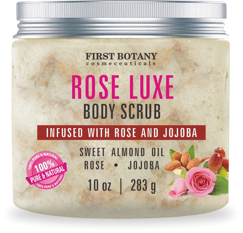 First Botany Body Scrub - Natural Exfoliating Salt Scrub & Body and Face Souffle helps with Moisturizing Skin, Acne, Cellulite, Dead Skin Scars, Wrinkles (10 fl oz, Rose) - Image 1