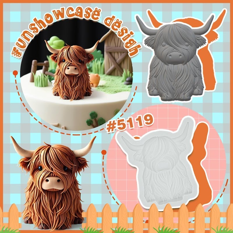 FUNSHOWCASE Fondant Mold Highland Cow Farm Animal Cake Topper 3" Tall - Image 4