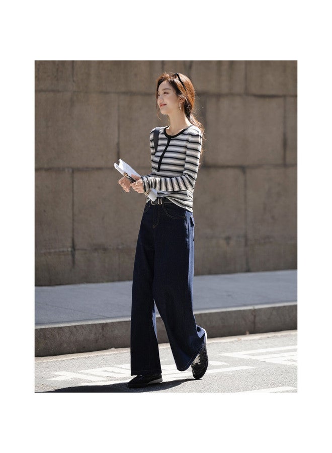 Dme [breathable Lyocell] Autumn Retro Casual Korean Style Round Neck Striped Button Slim Fit Slightly Stretchy Women's T-shirt - Image 2