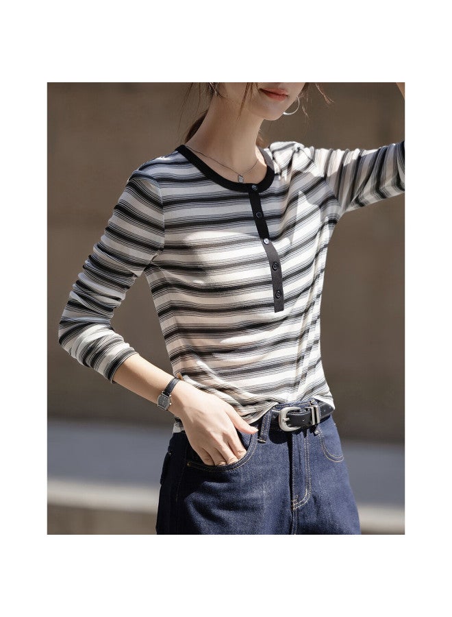 Dme [breathable Lyocell] Autumn Retro Casual Korean Style Round Neck Striped Button Slim Fit Slightly Stretchy Women's T-shirt - Image 5