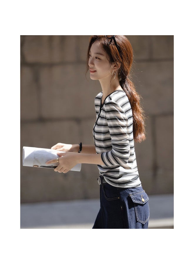Dme [breathable Lyocell] Autumn Retro Casual Korean Style Round Neck Striped Button Slim Fit Slightly Stretchy Women's T-shirt - Image 4
