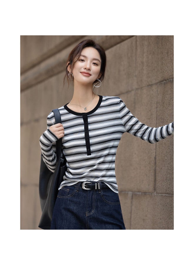 Dme [breathable Lyocell] Autumn Retro Casual Korean Style Round Neck Striped Button Slim Fit Slightly Stretchy Women's T-shirt - Image 1