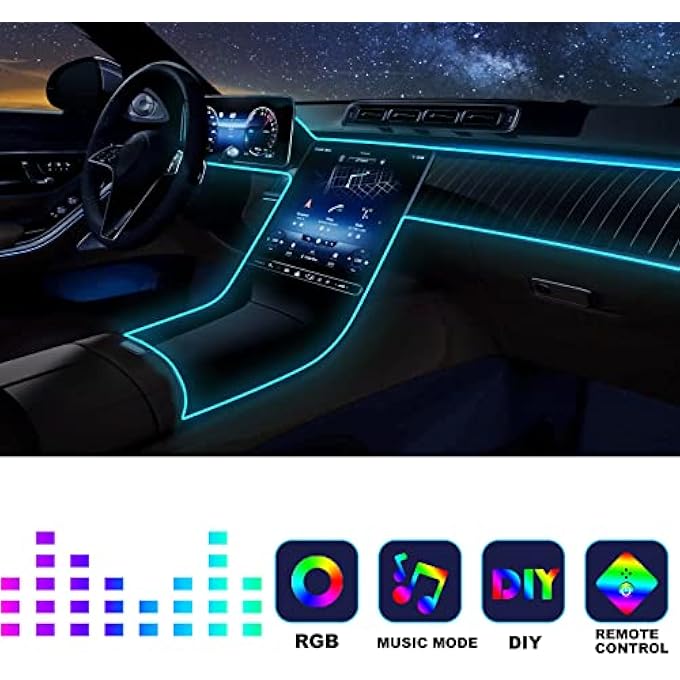 ريحني شريط إضاءة ليد للسيارة، إضاءة داخلية للسيارة، طقم إضاءة ليد محيطية مع 16 مليون لون RGB، ألياف بصرية، مزامنة موسيقية، إضاءة نيون USB، ملحقات السيارة للوحة التحكم المركزية، لوحة القيادة، إصدار مُحسّن - Image 3