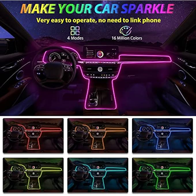 ريحني شريط إضاءة ليد للسيارة، إضاءة داخلية للسيارة، طقم إضاءة ليد محيطية مع 16 مليون لون RGB، ألياف بصرية، مزامنة موسيقية، إضاءة نيون USB، ملحقات السيارة للوحة التحكم المركزية، لوحة القيادة، إصدار مُحسّن - Image 5