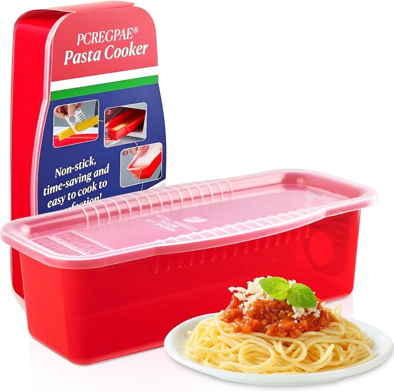 PCREGPAE Microwave Pasta Pot with Strainer Lid & Measuring Cup Clip Quickly Cook 1-4 Servings-No Mess, Sticking or Waiting For Boil, Pasta Cooker in Microwave for Dorm Kitchen Office College Essential - Image 1