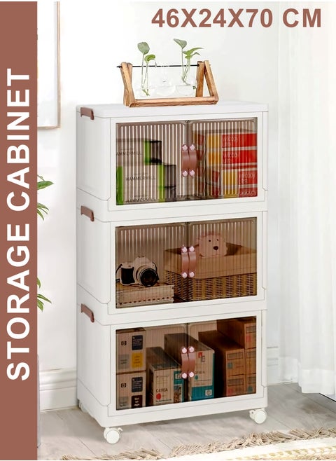 Foldable 3-Tier Plastic Storage Cabinet with  Wheels – Durable, Stackable, Spacious, and Customizable Organizer with Transparent Dual Access Doors, Magnetic Locks, Adjustable Shelves, Space-Saving Compact Design, High-Quality Load-Bearing Build, and Versatile Use for Home, Office, Bedroom, Kitchen, Living Room, and Bed space Storage Solutions