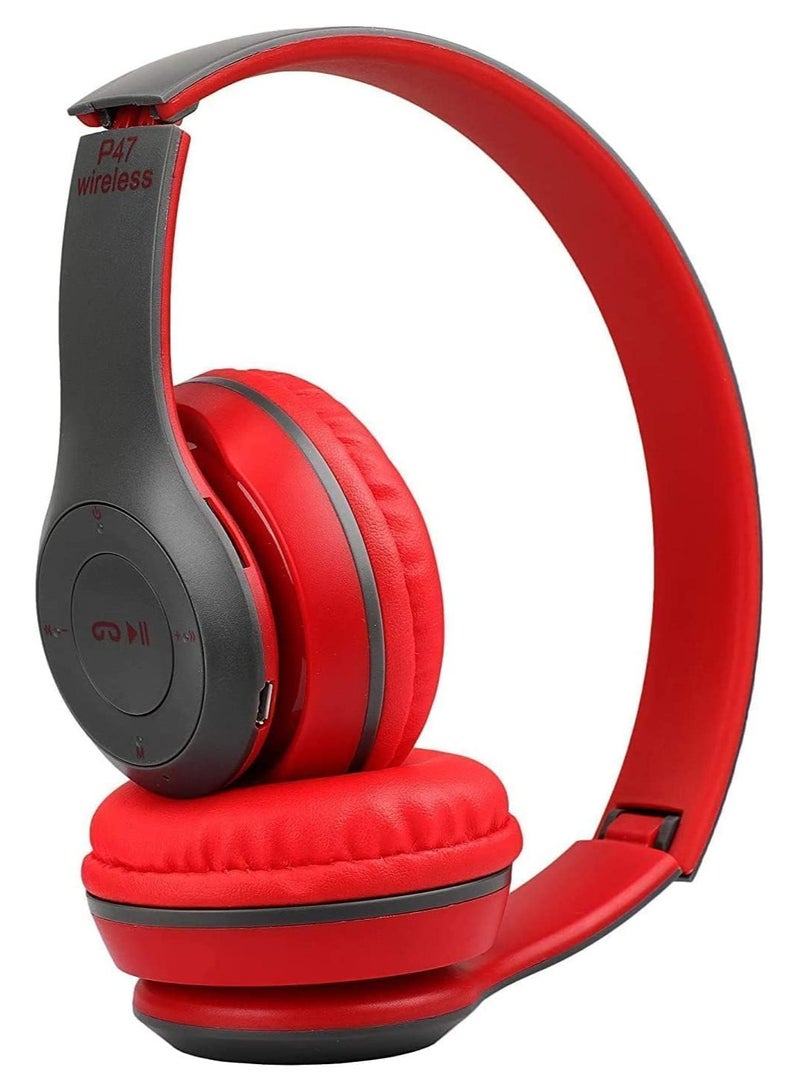New Design P47 5.0+EDR Wireless Bluetooth On-Ear Headphone Headset 5.0 Bluetooth Fm Radio/ MP3 Player Aux Red  - Image 1