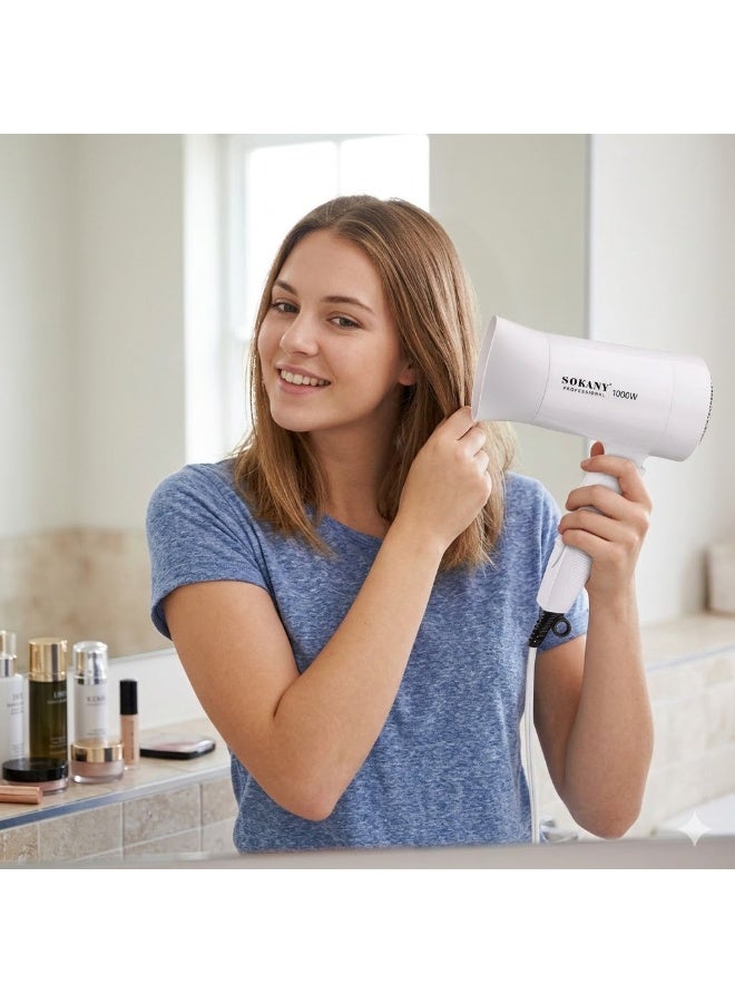 sokany SK-3666 Mini Foldable Hair Dryer – 1000W High-Power Airflow with Finger Diffuser & Concentrator Nozzle, Compact & Portable Design, Fast Drying for Home, Salon & Travel, White - Image 3