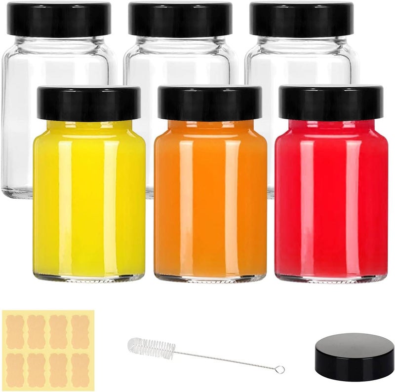 LANBEAUTIFY 2 oz Small Clear Glass Bottles with Lids - 6Pcs Wide Mouth Shot Bottles with Caps for Ginger Shots, Juice, Potion, Liquids, Whiskey - Mini Travel Bottles with Funnels, Stickers - Image 1