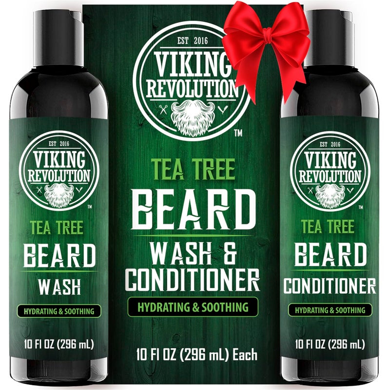 Viking Revolution Tea Tree Oil Beard Wash and Beard Conditioner For Men - Natural Beard Softener Set with Argan Oil, Vitamin E and Ginseng - Tea Tree Beard Shampoo and Conditioner Set (10 Oz) - Image 1