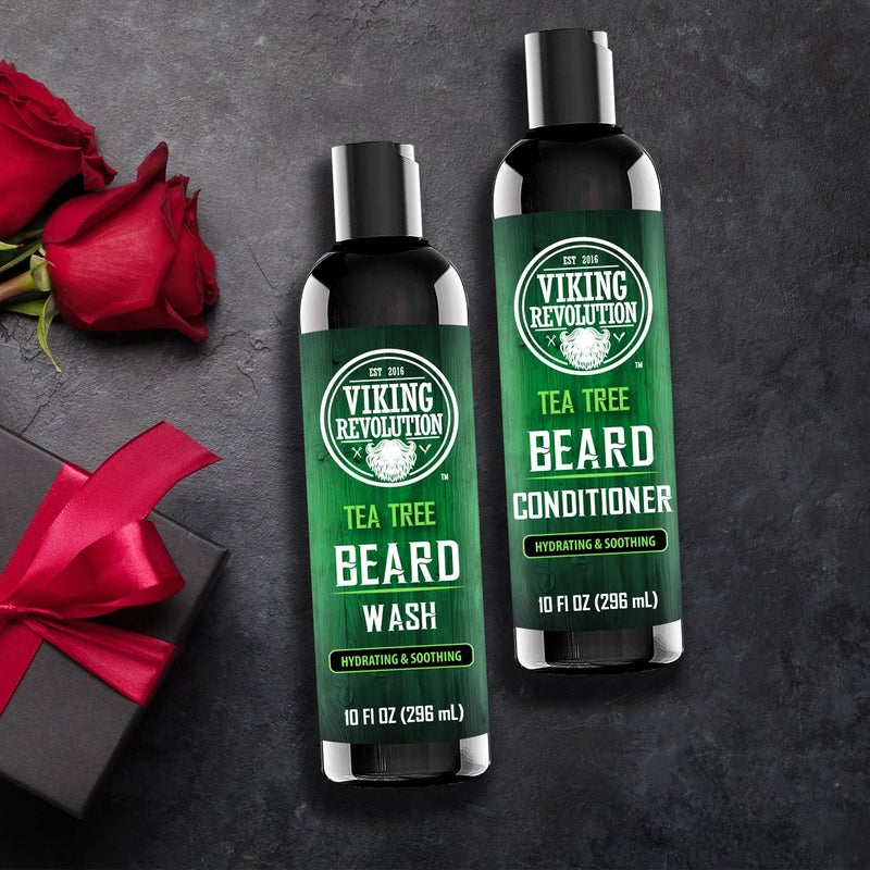 Viking Revolution Tea Tree Oil Beard Wash and Beard Conditioner For Men - Natural Beard Softener Set with Argan Oil, Vitamin E and Ginseng - Tea Tree Beard Shampoo and Conditioner Set (10 Oz) - Image 3