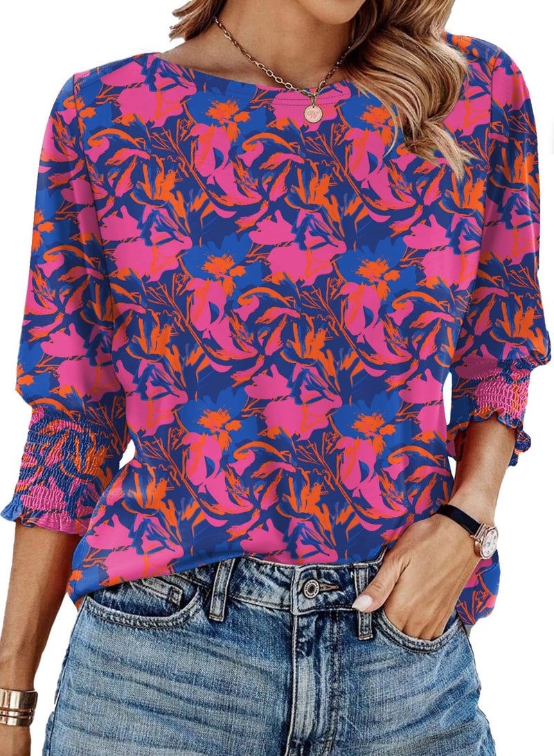 IECCP Womens Tops for Work Womens Summer Blouses 2026 3/4 Length Sleeve Boho Tops for Women 2026 Rose Red Floral - Image 1