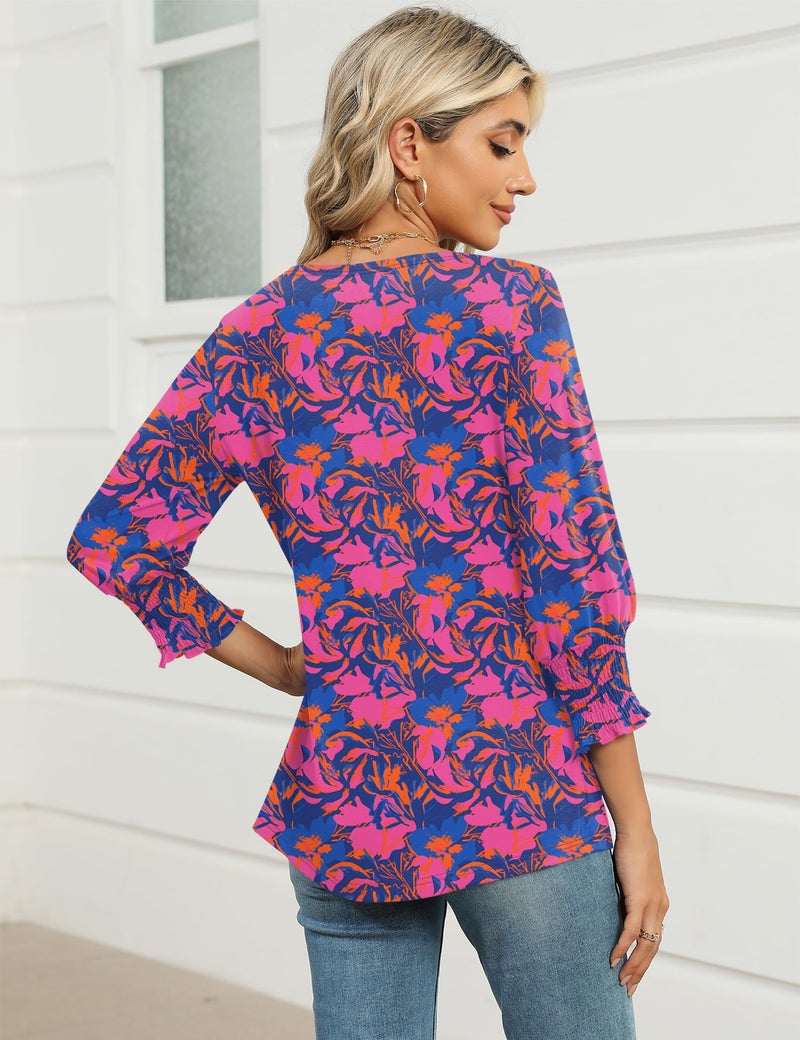 IECCP Womens Tops for Work Womens Summer Blouses 2026 3/4 Length Sleeve Boho Tops for Women 2026 Rose Red Floral - Image 5