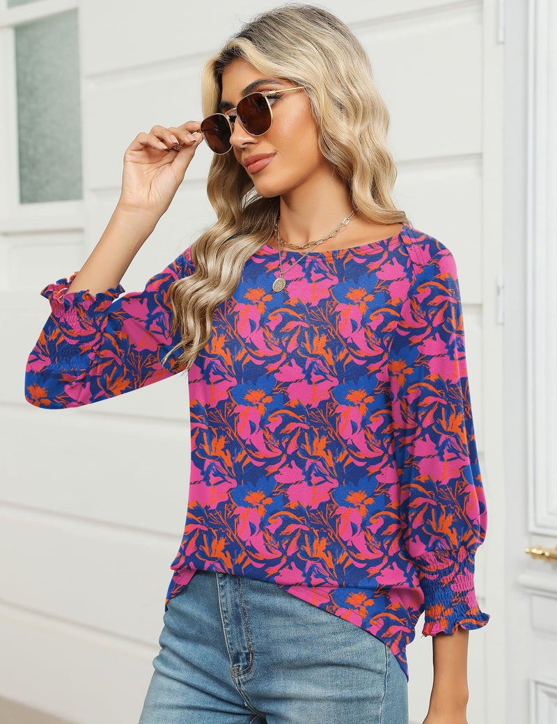 IECCP Womens Tops for Work Womens Summer Blouses 2026 3/4 Length Sleeve Boho Tops for Women 2026 Rose Red Floral - Image 4