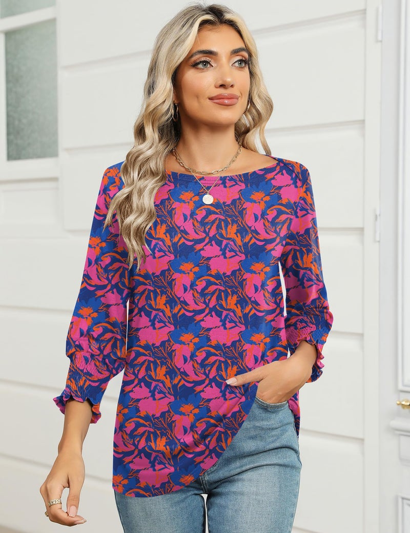 IECCP Womens Tops for Work Womens Summer Blouses 2026 3/4 Length Sleeve Boho Tops for Women 2026 Rose Red Floral - Image 3