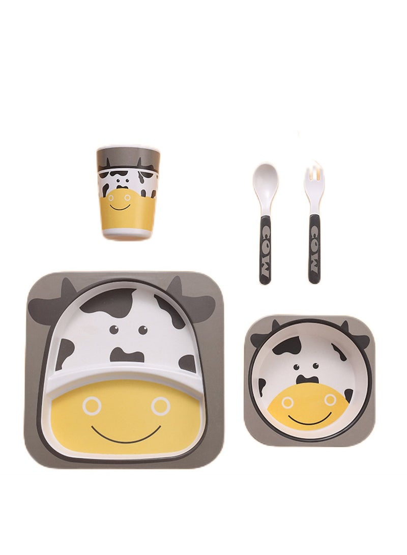 5pcs bamboo fiber tableware set creative cartoon bowl divided plate spoon fork cup gift tableware - Image 1