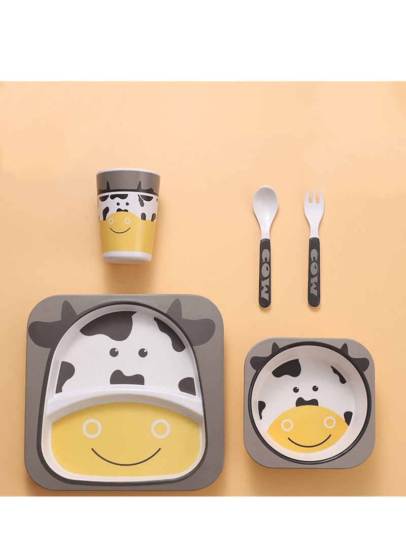 5pcs bamboo fiber tableware set creative cartoon bowl divided plate spoon fork cup gift tableware - Image 2