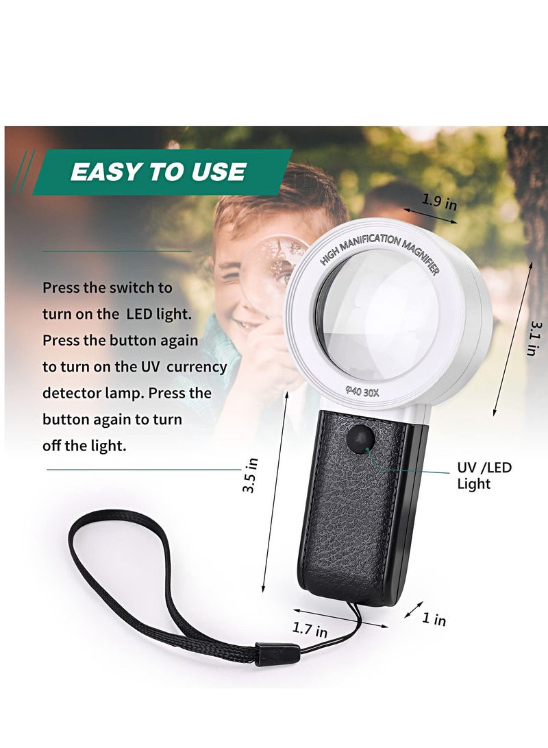 Excefore Magnifying Glass with Light, 30x Handheld Large Illuminated Magnifier, Reading Magnifying Glass with for Seniors Read, Coins, Stamps, Map, Inspection. - Image 4