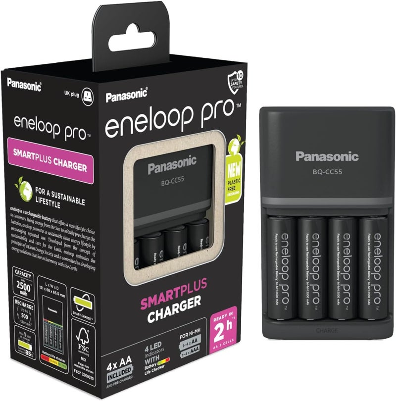 إنيلوب شاحن pro SmartPlus، لـ 1-4 بطاريات AA/AAA قابلة لإعادة الشحن، وقت شحن 2 ساعة، 10 ميزات أمان، يتضمن 4 بطاريات pro AA (2500 مللي أمبير في الساعة)، قابس بريطاني - Image 1