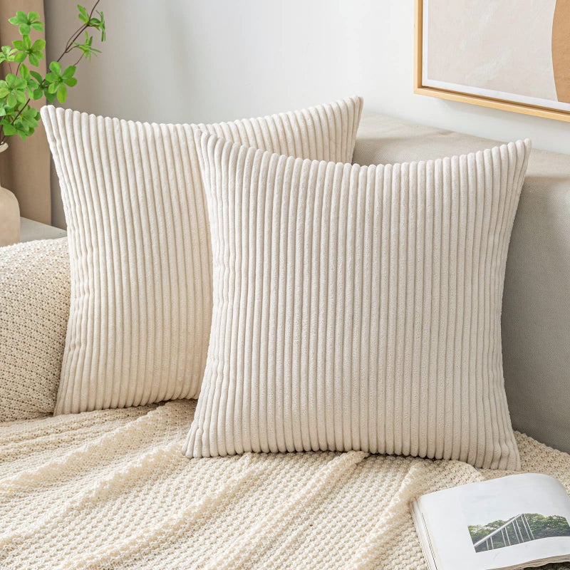 EMEMA Throw Pillow Covers Corduroy Decorative Soft Striped Square Cushion Covers Spring Pillowcases for Couch Sofa Bedroom Chair Car 16x16 Inch Pack of 2, Cream White - Image 1