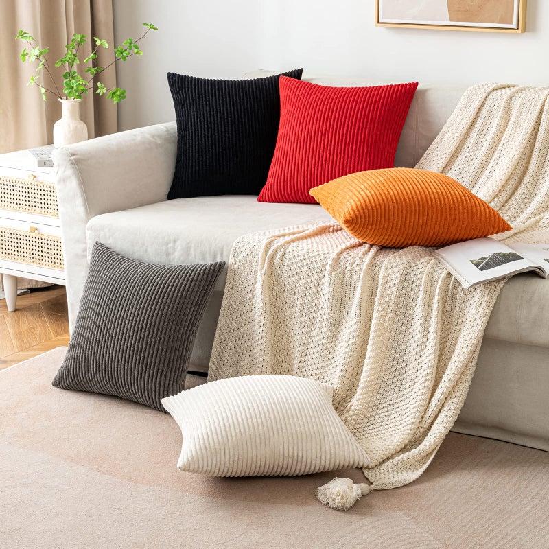 EMEMA Throw Pillow Covers Corduroy Decorative Soft Striped Square Cushion Covers Spring Pillowcases for Couch Sofa Bedroom Chair Car 16x16 Inch Pack of 2, Cream White - Image 4