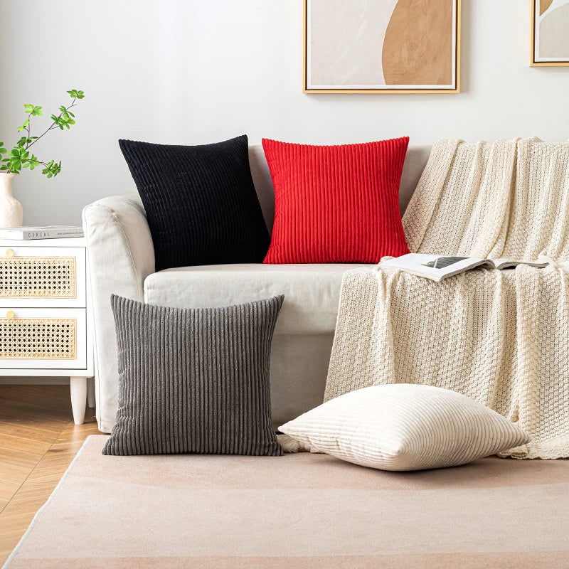 EMEMA Throw Pillow Covers Corduroy Decorative Soft Striped Square Cushion Covers Spring Pillowcases for Couch Sofa Bedroom Chair Car 16x16 Inch Pack of 2, Cream White - Image 5