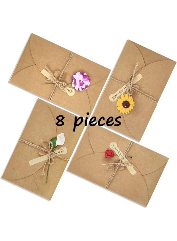 8 Packs Assorted Greeting Card,  Brown Kraft 4 Floral Designs of Dried Flowers Greeting Cards with Envelopes, Stickers and Twine, Blank Note Cards for Friend (6.5*4.3 Inch) - Image 1