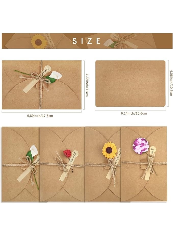 8 Packs Assorted Greeting Card,  Brown Kraft 4 Floral Designs of Dried Flowers Greeting Cards with Envelopes, Stickers and Twine, Blank Note Cards for Friend (6.5*4.3 Inch) - Image 2