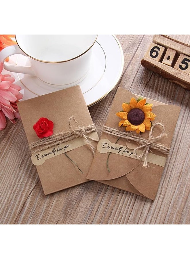 8 Packs Assorted Greeting Card,  Brown Kraft 4 Floral Designs of Dried Flowers Greeting Cards with Envelopes, Stickers and Twine, Blank Note Cards for Friend (6.5*4.3 Inch) - Image 4