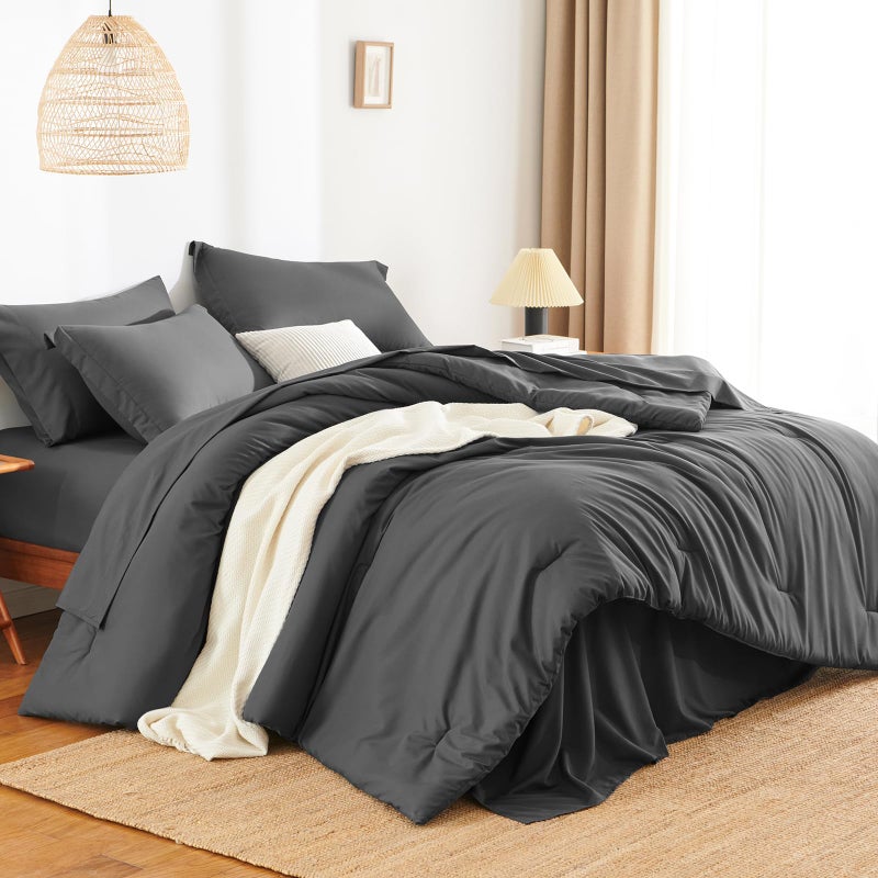 HIMEET Full Size Comforter Sets - 7 Pieces Bed in a Bag Full, Luxury Comforter Set with Sheets for All Season, Bed Set with Comforter, Flat Sheet, Fitted Sheet, Pillowcases & Shams, Dark Grey - Image 3