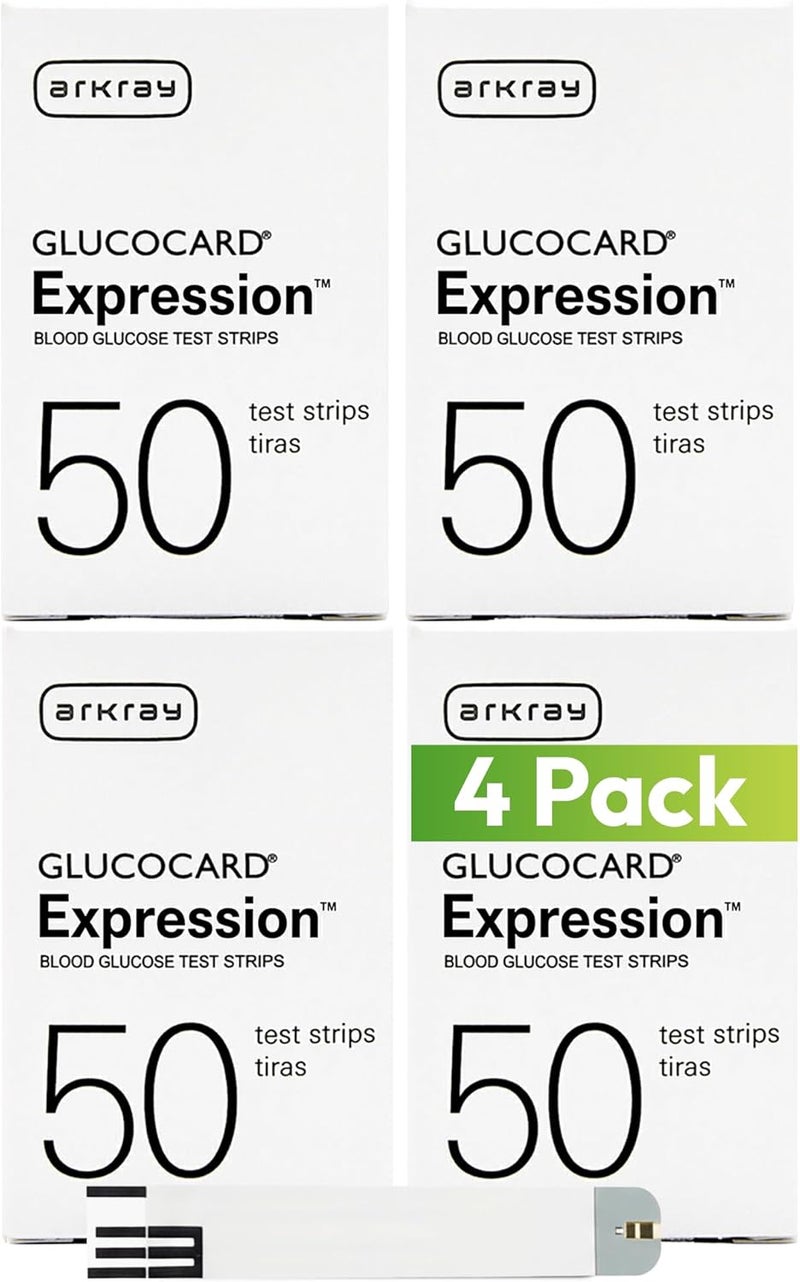 GLUCOCARD Expression شرائط اختبار سكر الدم ARKRAY - بدون ترميز، 0.8 ميكرولتر ونتائج سريعة خلال 6 ثوانٍ - متوافقة مع جهاز قياس سكر الدم - 200 قطعة (4 عبوات من 50) - Image 1