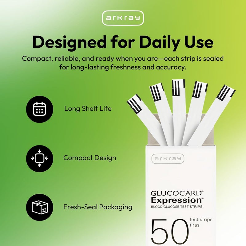 GLUCOCARD Expression شرائط اختبار سكر الدم ARKRAY - بدون ترميز، 0.8 ميكرولتر ونتائج سريعة خلال 6 ثوانٍ - متوافقة مع جهاز قياس سكر الدم - 200 قطعة (4 عبوات من 50) - Image 4