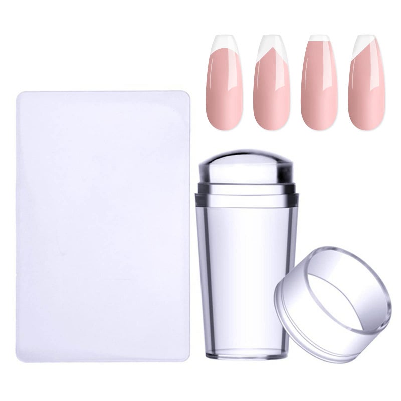 Premium Transparent Silicone Nail Art Stamping 2-Set Kit - Heavy-Duty Clear Jelly French Manicure Stamper - Durable Cosmetic Transfer Tool Set with Dual Plastic Scraper Cards for Polish Stencils & Template Plates (Sleek Crystal Clear Profile) - Manual Nail Care & Salon Facility Asset Management Template