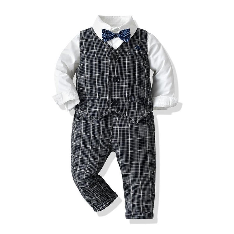 Cross-border childrens clothing childrens autumn foreign trade long-sleeved cotton shirt waistcoat bow tie boys trousers performance dress three-piece set 1681 